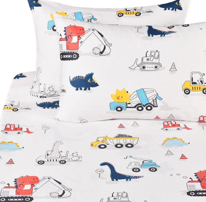 J-pinno J pinno Dinosaur Construction Work Digger Cars Vehicle Cute Cozy Fun Full Sheet Set for Kids Girls Children 100% Cotton Flat Sheet + Fitted Sheet + Pillowcase Bedding Set (Dinosaur  Full) - Image 1